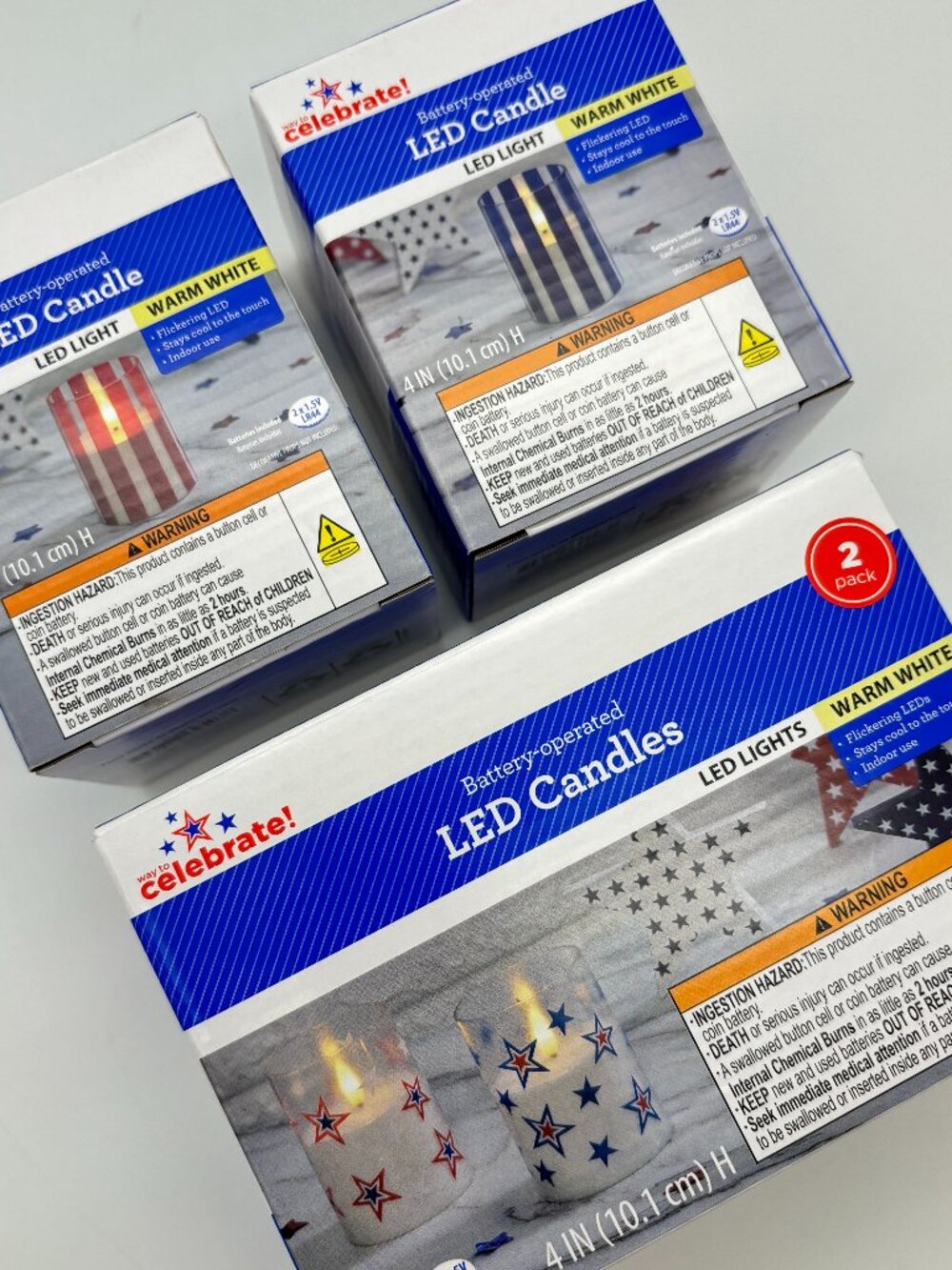 Way To Celebrate 4" Patriotic Stars & Stripes Battery-Operated LED Candle Bundle